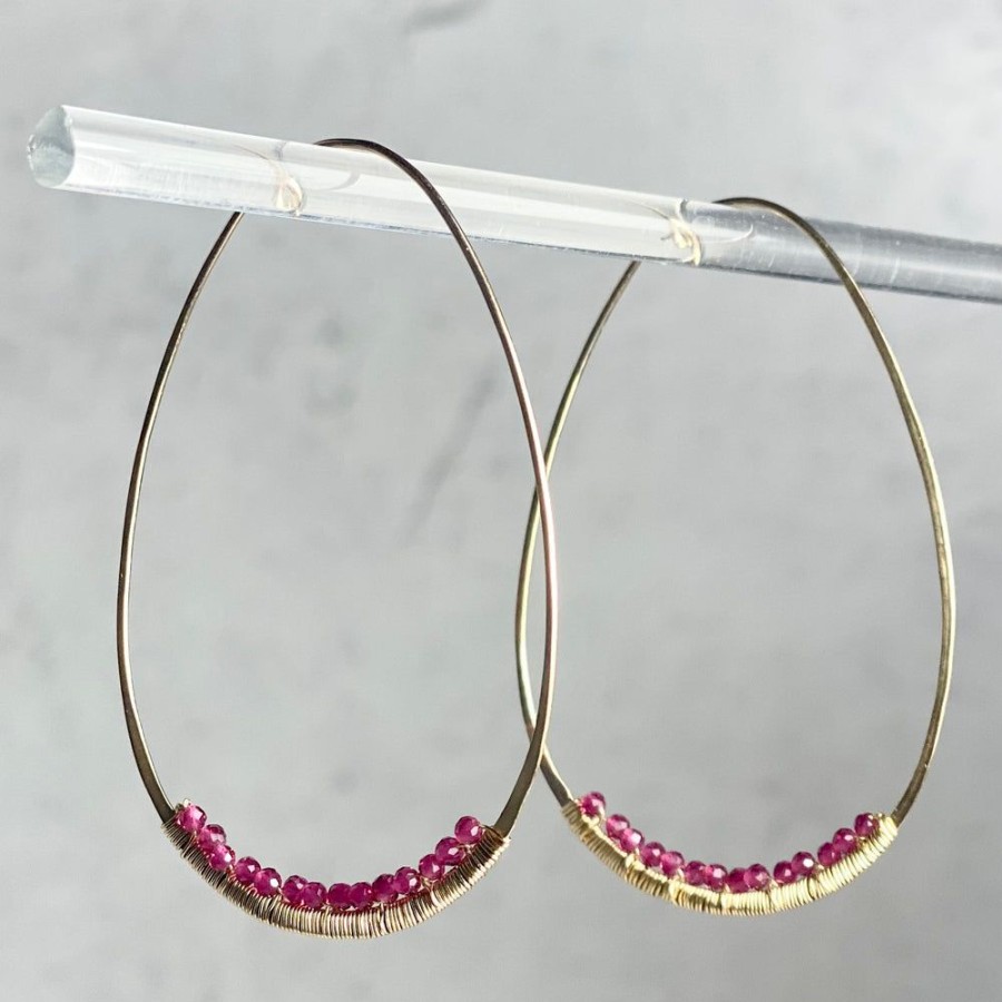 Glass & Jewelry The Glass Station Valentines Day | Elongated Gold Filled Hoops With Rubies