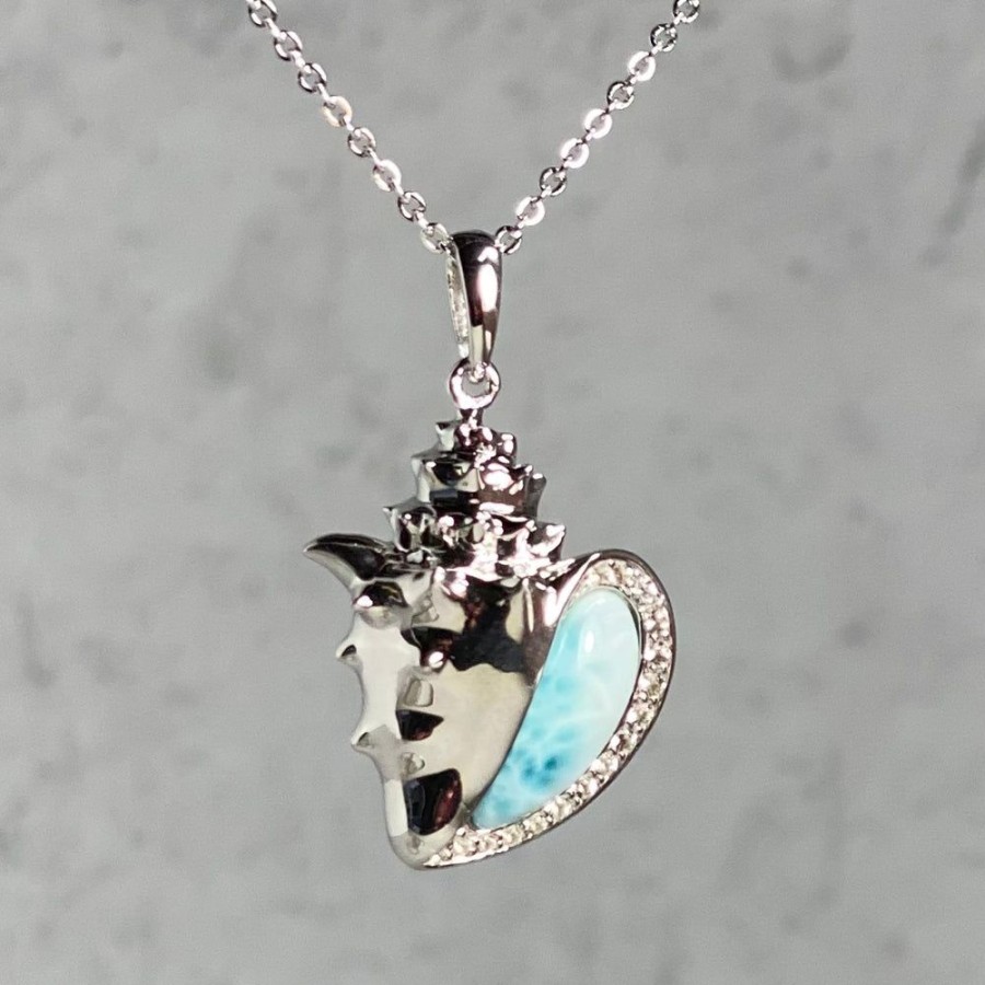 Glass & Jewelry The Glass Station | Larimar And Sterling Silver With Cz Conch Shell Pendant