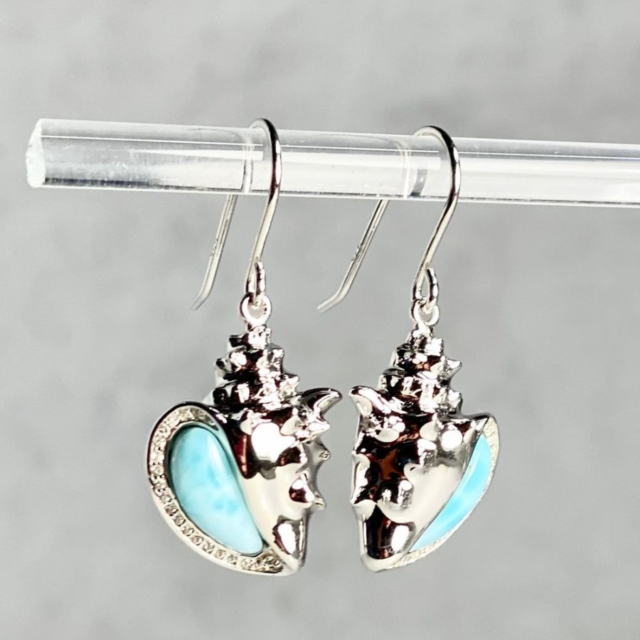 Glass & Jewelry The Glass Station | Sterling Silver Conch Shell Earrings With Larimar And Cz