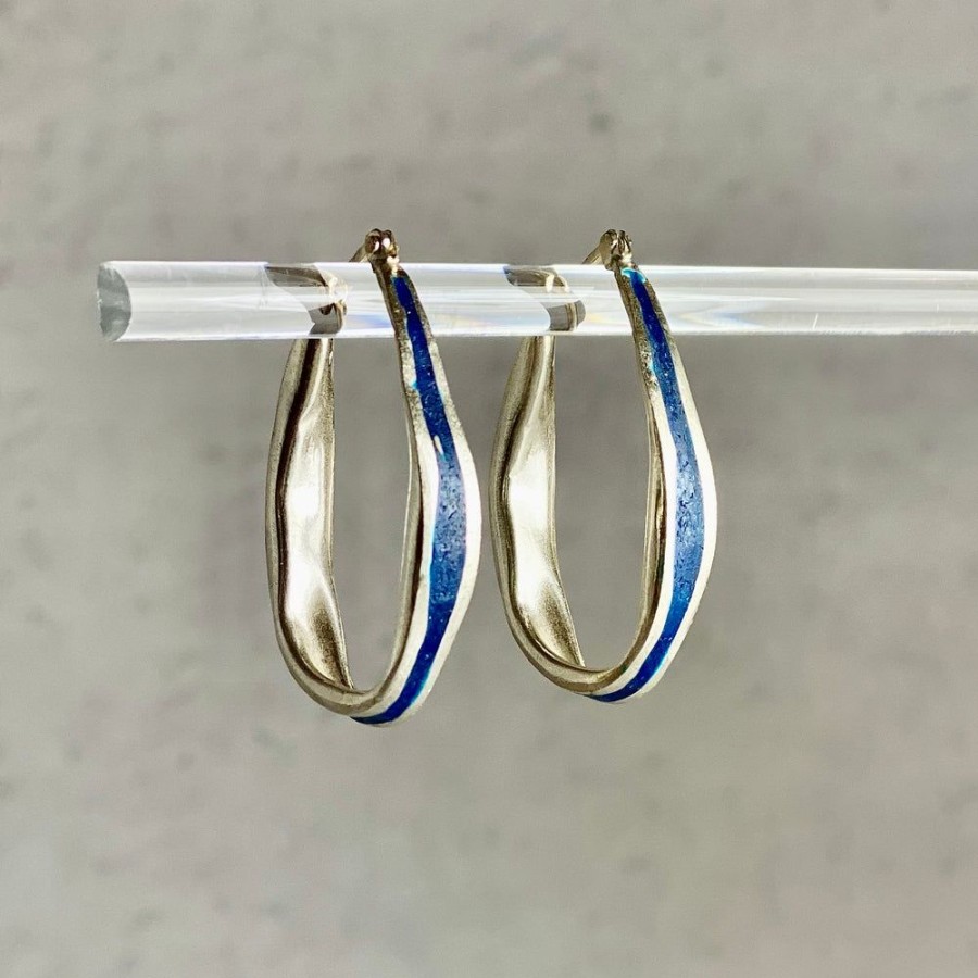 Glass & Jewelry The Glass Station Earrings | Small Oval Hoops With Blue Resin Inlay