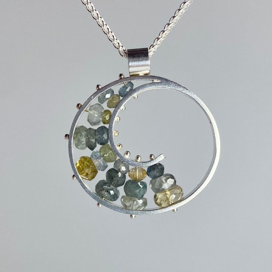 Glass & Jewelry The Glass Station | Large Spiral Necklace With Moss Aquamarine