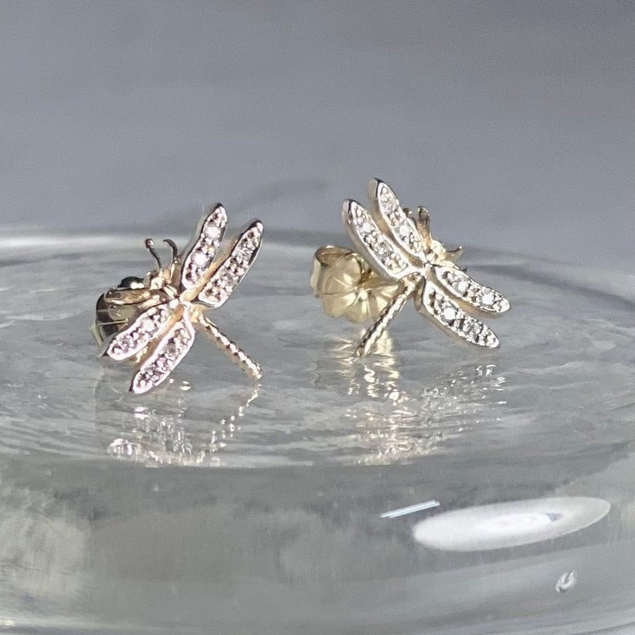 Glass & Jewelry The Glass Station Fine Jewelry | 14K Gold Dragonfly Earrings With 8Pt. Diamonds