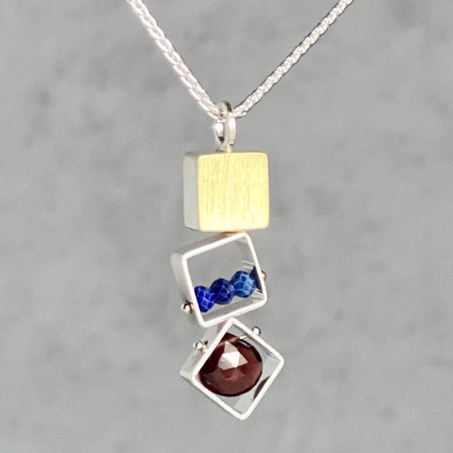 Glass & Jewelry The Glass Station Necklaces | Three Small Squares With Lapis And Garnet