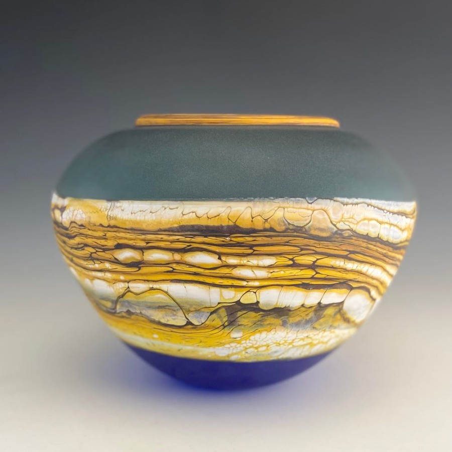 Glass & Jewelry The Glass Station | Translucent Strata Open Bowl, Sage And Cobalt