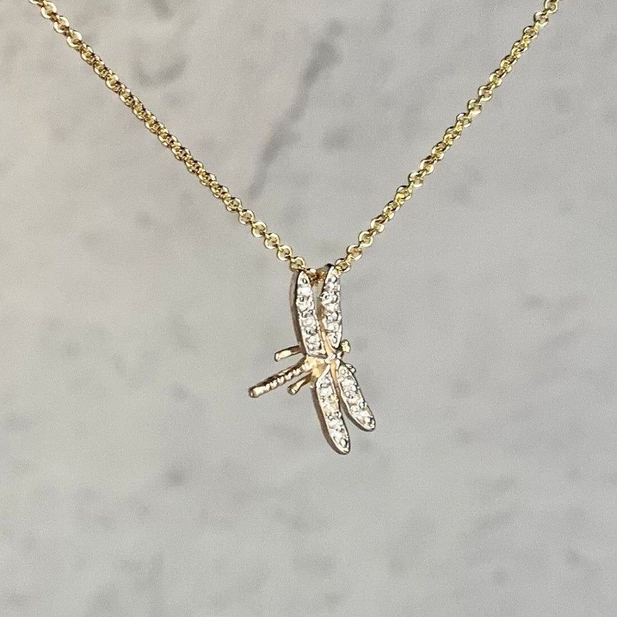 Glass & Jewelry The Glass Station Fine Jewelry | 14K Gold Dragonfly Necklace With 8 Pt. Diamonds