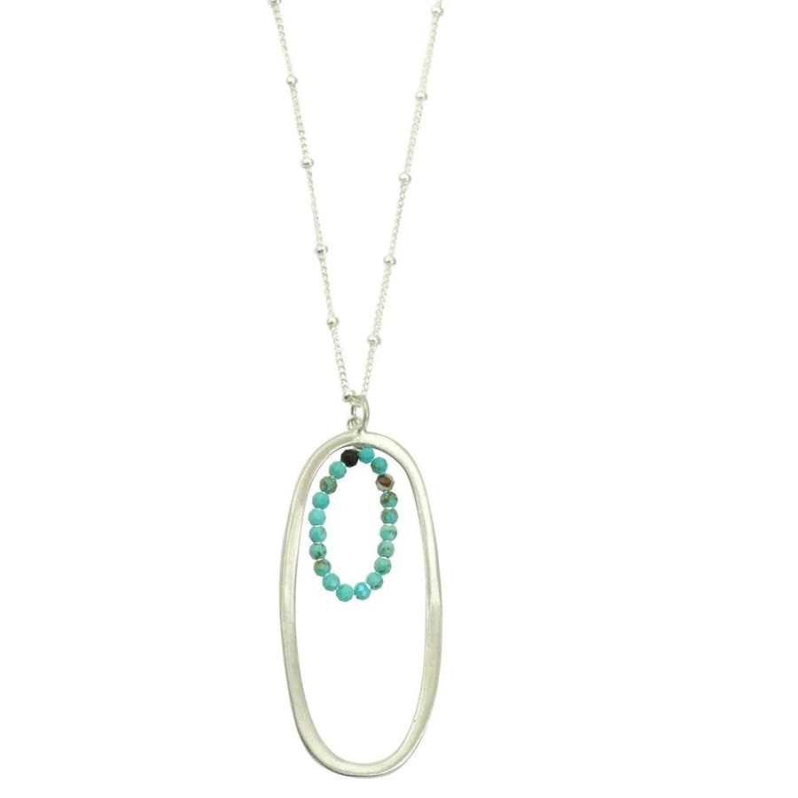 Glass & Jewelry The Glass Station Necklaces | Sterling Silver Oval Pendant With Small Oval Of Turquoise Nuggets