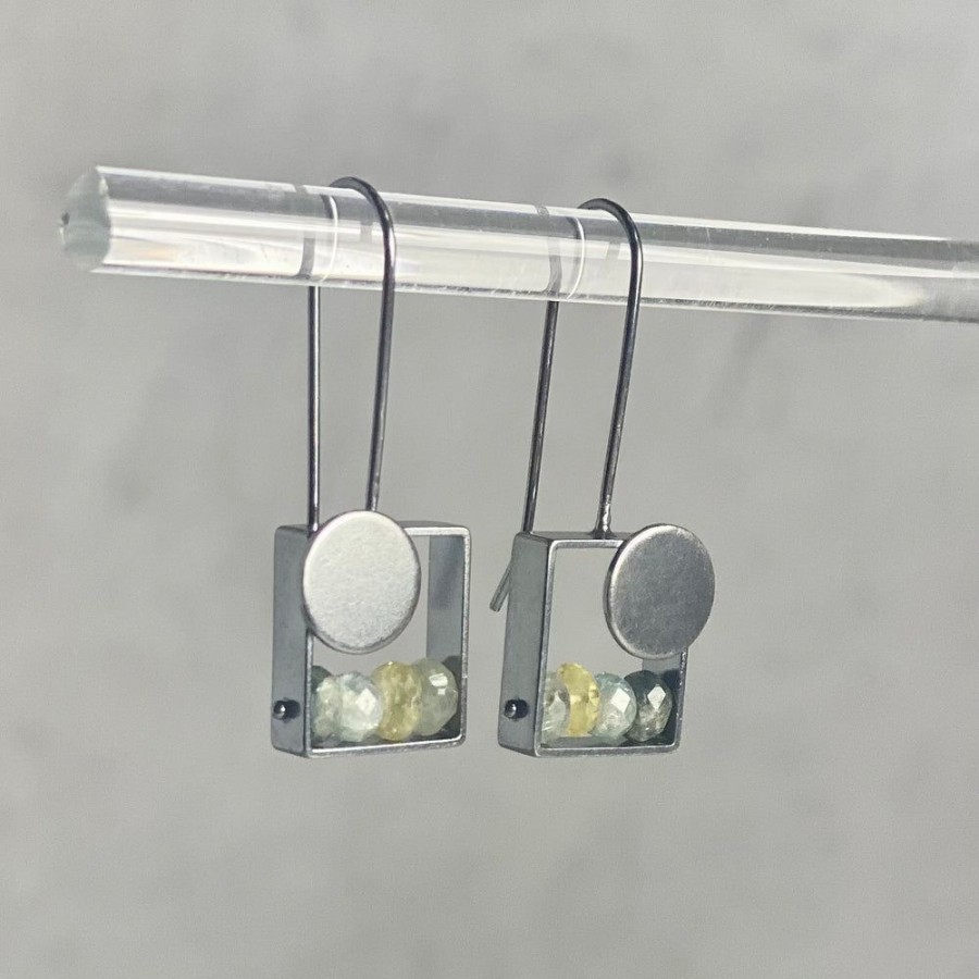 Glass & Jewelry The Glass Station Earrings | Oxidized Silver Small Rectangle Earring With Semiprecious Stones