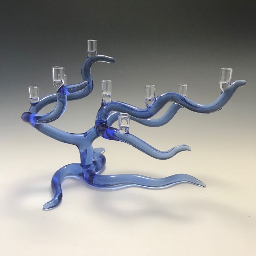 Glass & Jewelry The Glass Station Menorahs | Windswept Tree Of Life Menorah In Cobalt Blue