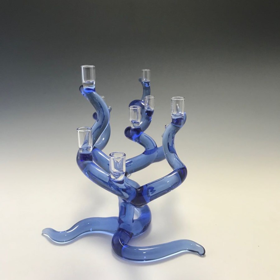 Glass & Jewelry The Glass Station Menorahs | Windswept Tree Of Life Menorah In Cobalt Blue