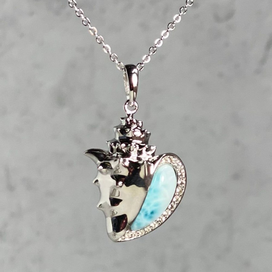 Glass & Jewelry The Glass Station Necklaces | Larimar And Sterling Silver With Cz Conch Shell Pendant