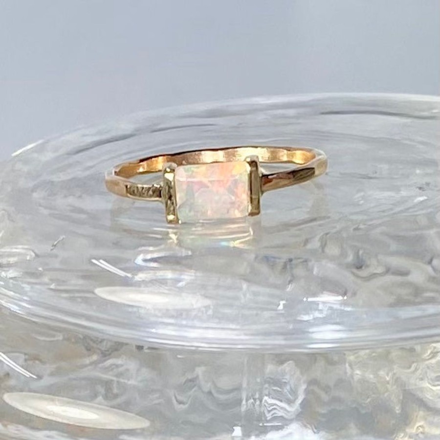 Glass & Jewelry The Glass Station Rings | 14K Gold Bar Baguette Welo Ethiopian Opal Ring