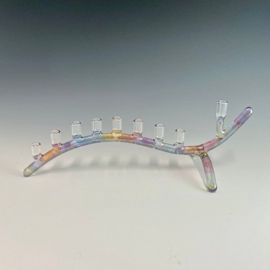 Glass & Jewelry The Glass Station Menorahs | Wave Menorah With Rainbow Brush Finish