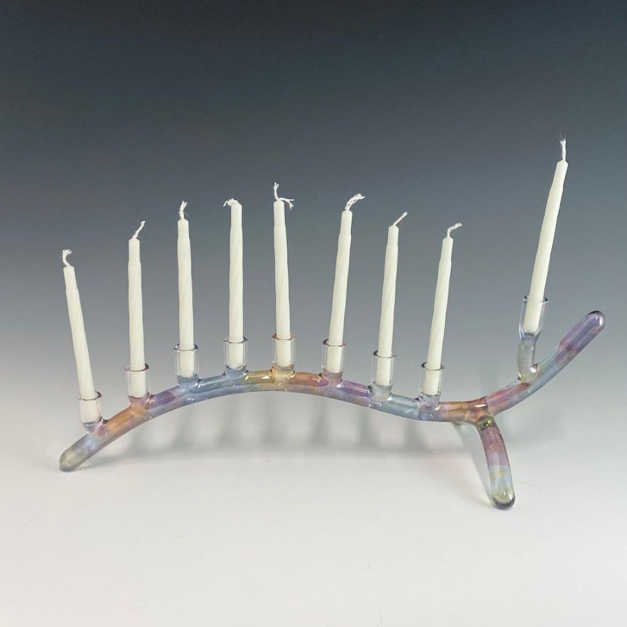 Glass & Jewelry The Glass Station Menorahs | Wave Menorah With Rainbow Brush Finish