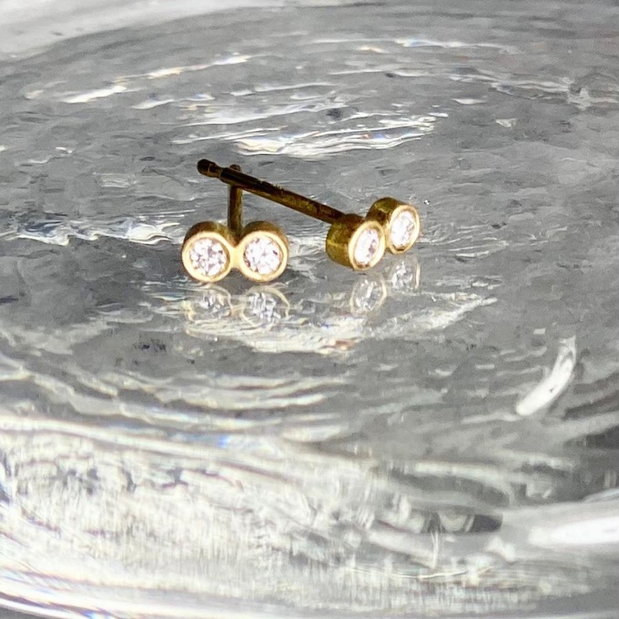 Glass & Jewelry The Glass Station Fine Jewelry | 18K Double Diamond Stud Earrings With 2 Point Diamonds